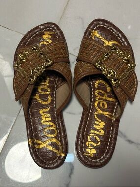 Sam Edelman Brown Woven Slide Sandals with Gold Chain Detail